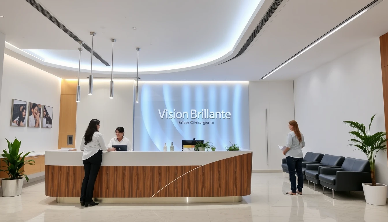 Recepción moderna y luminosa de la clínica Visión Brillante, con personal atendiendo a pacientes